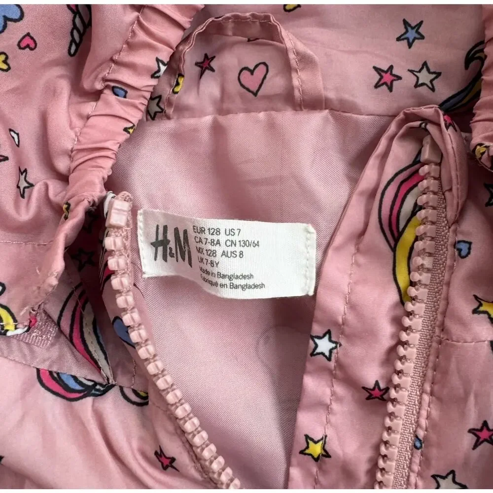 H&M Light Pink Hooded Unicorn Windbreaker Sz 7